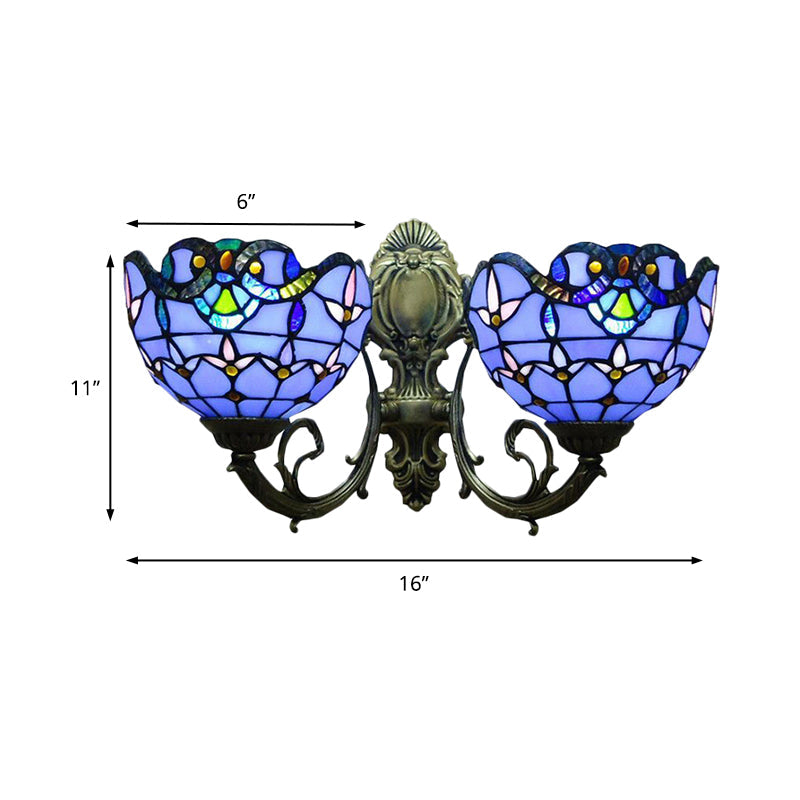 Victorian Style Stained Glass Bowl Wall Lighting - Antique Bronze 2-Head Indoor Mount Light