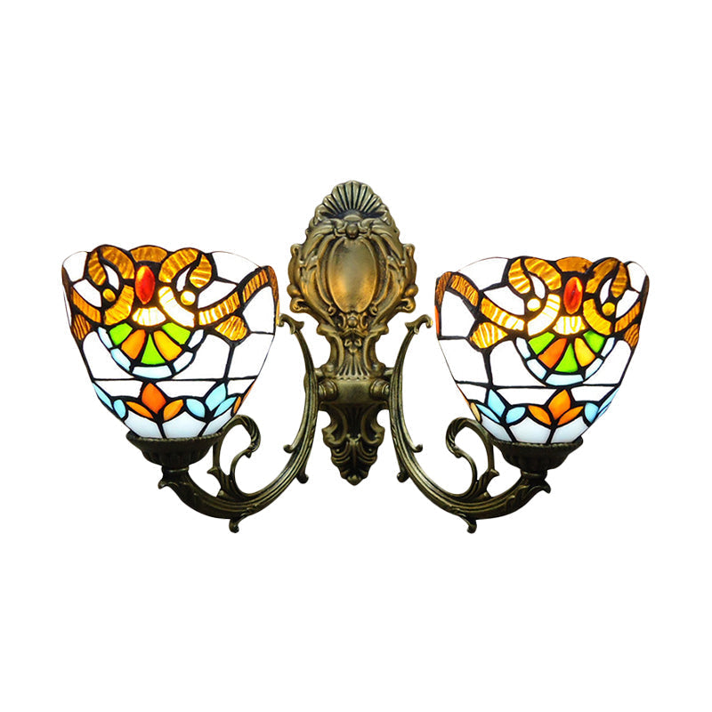 Baroque Stained Glass Wall Sconce With Curved Arm - Aged Brass Finish