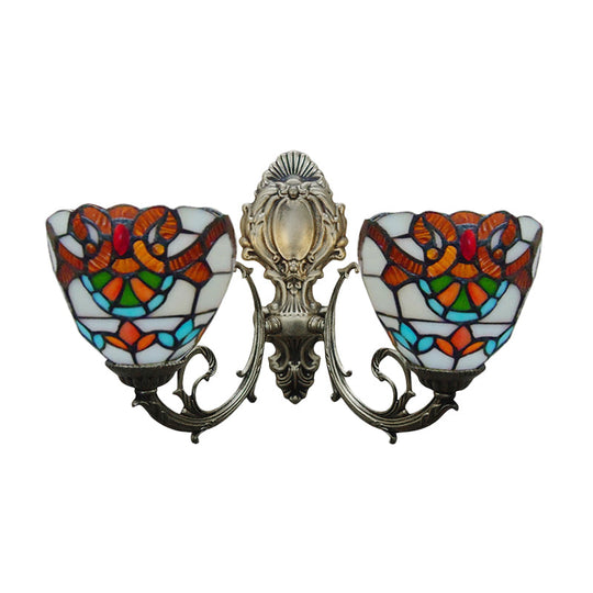 Baroque Stained Glass Wall Sconce With Curved Arm - Aged Brass Finish