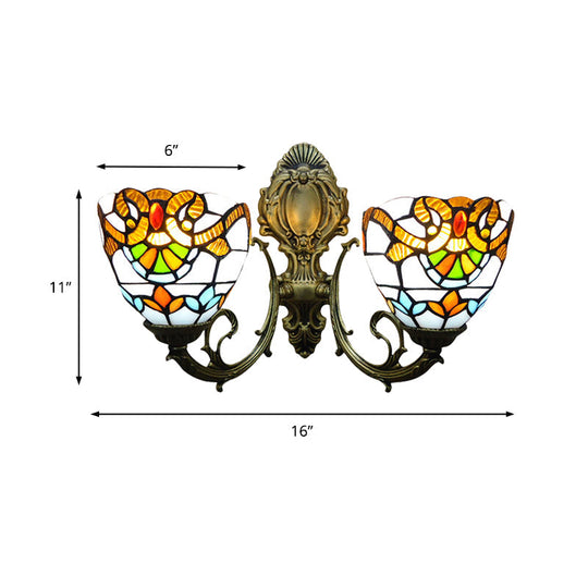 Baroque Stained Glass Wall Sconce With Curved Arm - Aged Brass Finish