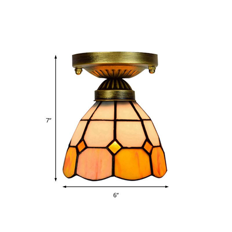 Orange Art Glass Ceiling Lamp - Tiffany Style Grid Bowl Mount For Bathroom 8’/6’ Width
