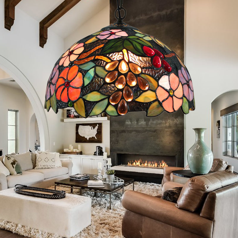 Victorian Floral Black Stained Glass Pendant Light With Adjustable Metal Chain