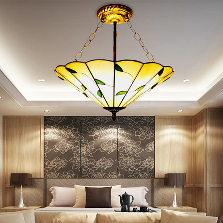 Lodge Style Stained Glass Semi Flush Ceiling Light In Beige - 19.5/16 Wide / 16