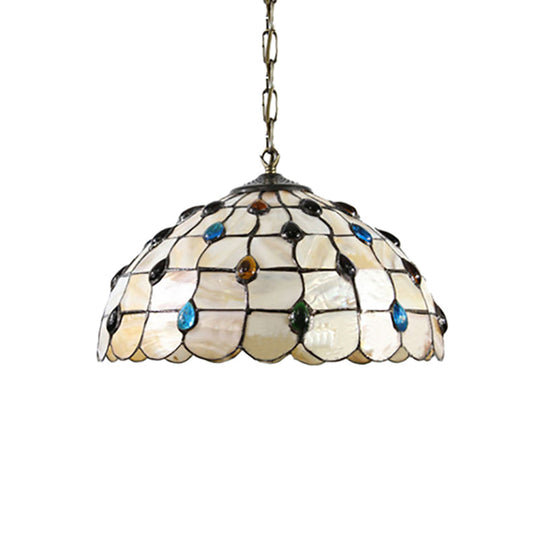 Beige Stained Glass Pendant Lamp With Beaded Detailing - Tiffany Hanging Light Kit For Study