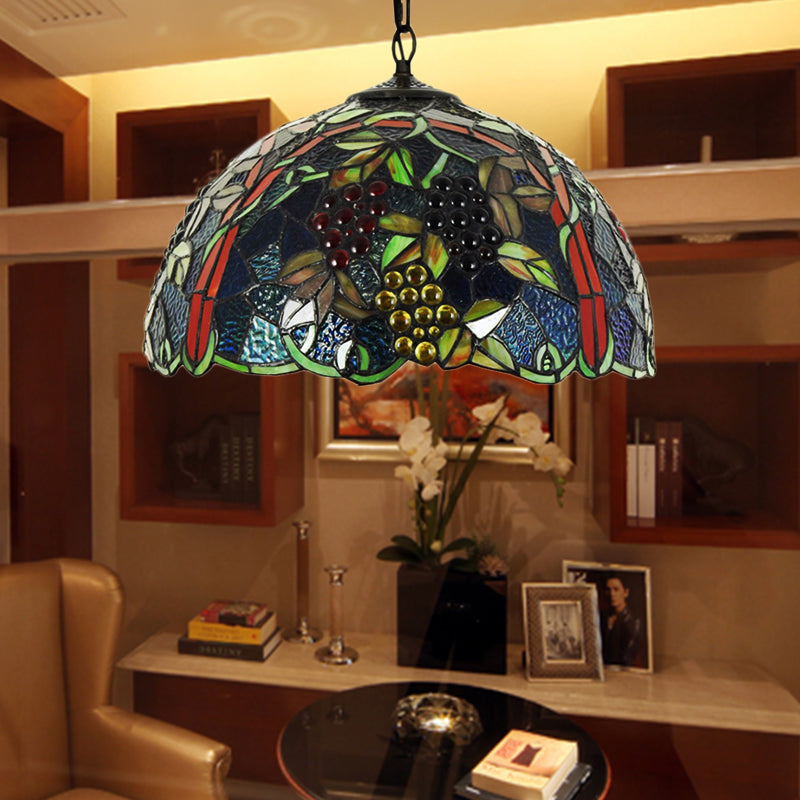 Victorian Blue Stained Glass Bowl Pendant Light Fixture For Bedroom - 1 Head Hanging Lamp