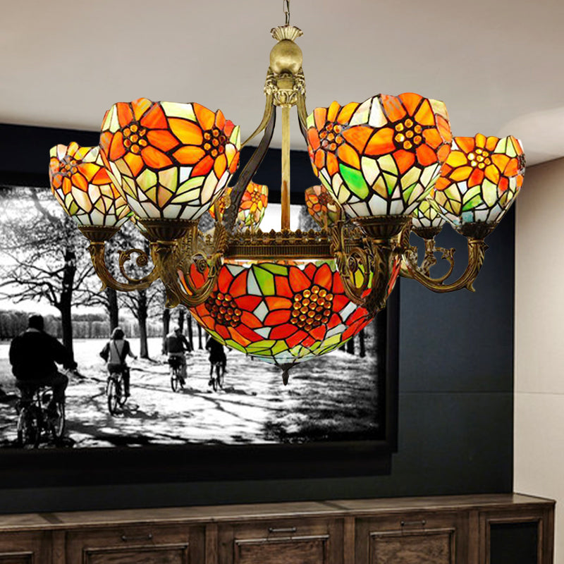Rustic Tiffany Stained Glass Sunflower Chandelier - Multi-Head Hanging Light In Orange For Dining