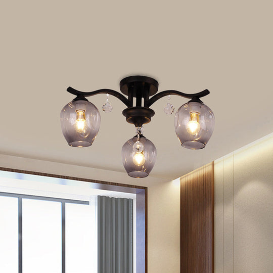 Modern Smoke Glass Bud Semi Ceiling Mount Light For Restaurants & Hotels - 3 - Light Crystal Lamp