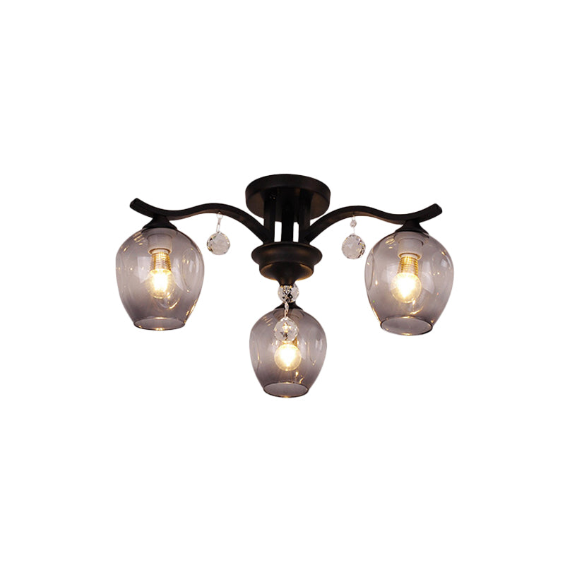 Modern Smoke Glass Bud Semi Ceiling Mount Light For Restaurants & Hotels - 3 - Light Crystal Lamp