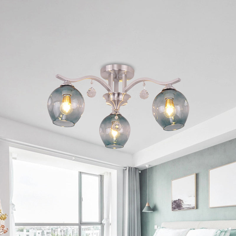 Modern Smoke Glass Bud Semi Ceiling Mount Light For Restaurants & Hotels - 3 - Light Crystal Lamp