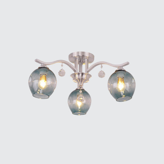 Modern Smoke Glass Bud Semi Ceiling Mount Light For Restaurants & Hotels - 3 - Light Crystal Lamp