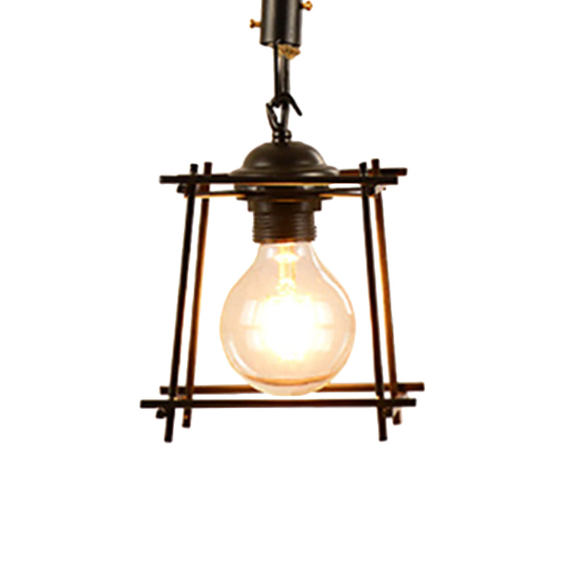Vintage Style Metal And Rope Pendant Light With Black Wire Cage Cylinder/Square Shade