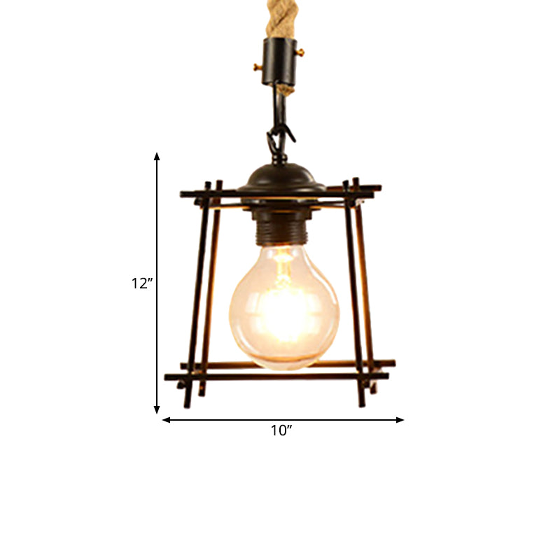 Vintage Style Metal And Rope Pendant Light With Black Wire Cage Cylinder/Square Shade