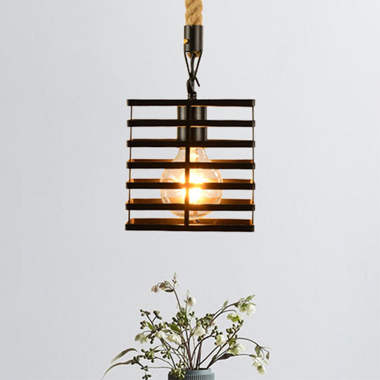 Vintage Style Metal And Rope Pendant Light With Black Wire Cage Cylinder/Square Shade