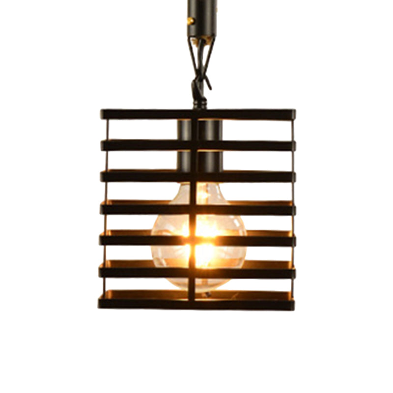 Vintage Style Metal And Rope Pendant Light With Black Wire Cage Cylinder/Square Shade