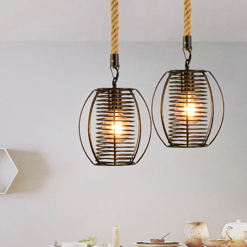 Vintage Style Metal And Rope Pendant Light With Black Wire Cage Cylinder/Square Shade