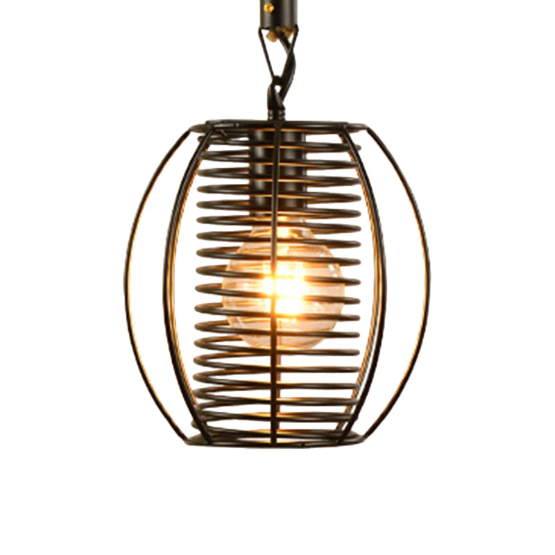 Vintage Style Metal And Rope Pendant Light With Black Wire Cage Cylinder/Square Shade
