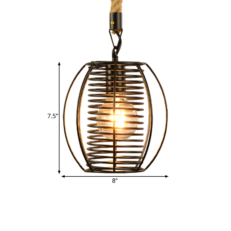 Vintage Style Metal And Rope Pendant Light With Black Wire Cage Cylinder/Square Shade