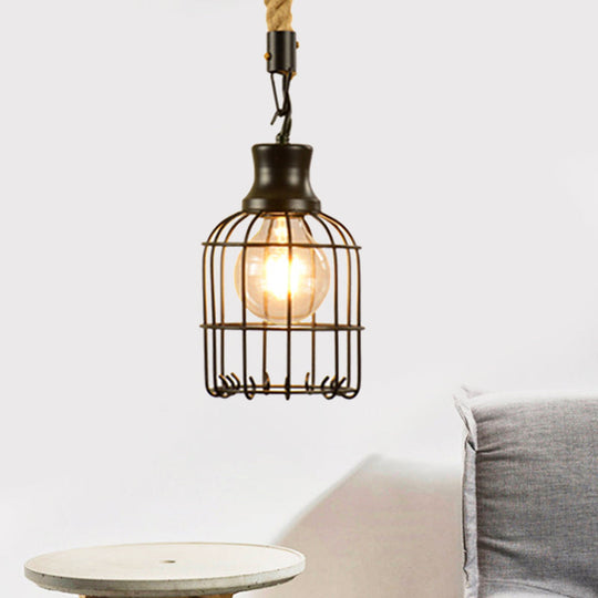 Vintage Style Metal And Rope Pendant Light With Black Wire Cage Cylinder/Square Shade
