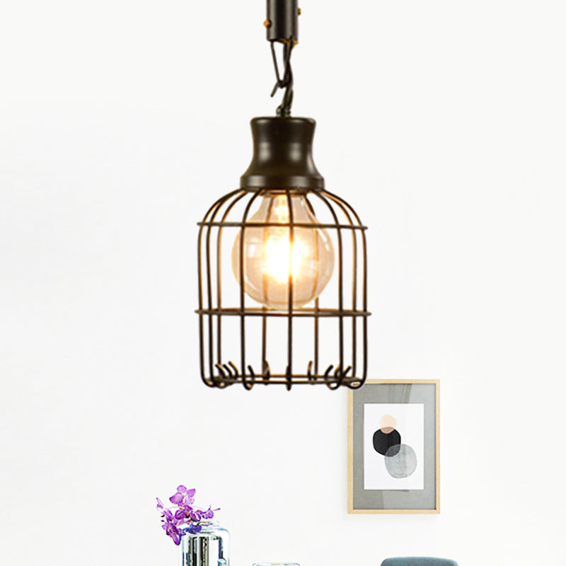 Vintage Style Metal And Rope Pendant Light With Black Wire Cage Cylinder/Square Shade
