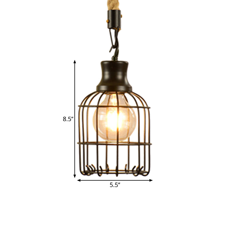 Vintage Style Metal And Rope Pendant Light With Black Wire Cage Cylinder/Square Shade