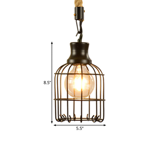 Vintage Style Metal And Rope Pendant Light With Black Wire Cage Cylinder/Square Shade