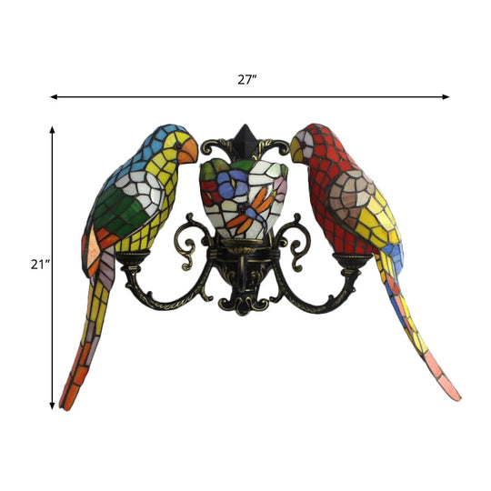 Tiffany Stained Glass Wall Sconce With Petal Butterfly And Parrot - Perfect For Study Room
