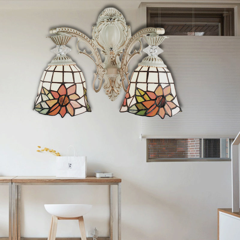 Traditional White Tiffany Wall Sconce - Bell Living Room Lamp With Sunflower Stained Glass 2 Bulbs