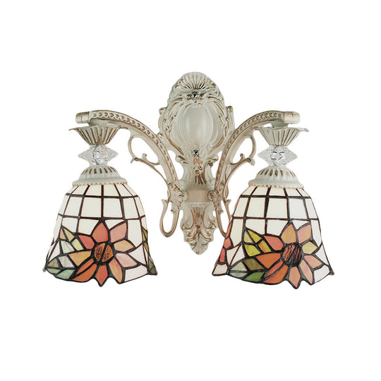 Traditional White Tiffany Wall Sconce - Bell Living Room Lamp With Sunflower Stained Glass 2 Bulbs