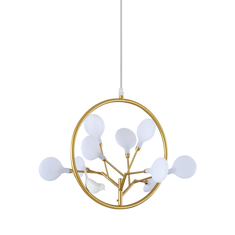 Eden - Elegant 9 Lights Branch Pendant Lamp With Bird Deco Metallic Hanging Light In Gold For Cloth