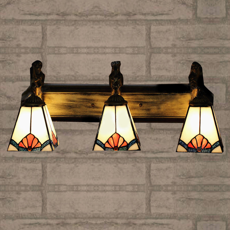 Tiffany White Glass Trapezoid Wall Mount Light With Mermaid Decoration - 3 Lights Brass Vanity