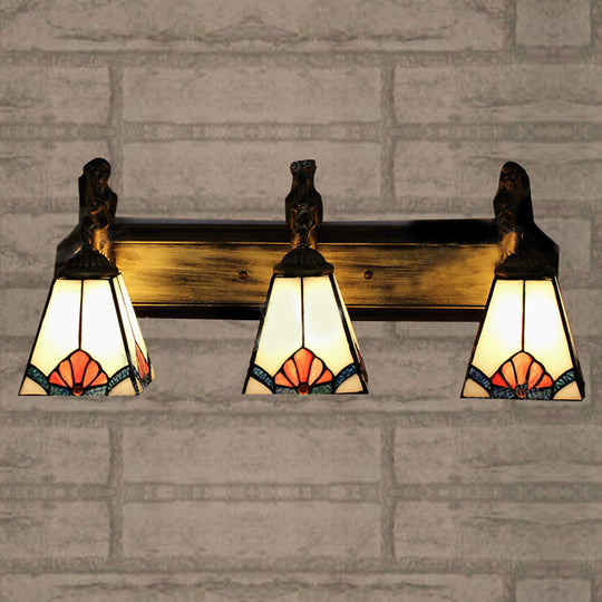 Tiffany White Glass Trapezoid Wall Mount Light With Mermaid Decoration - 3 Lights Brass Vanity