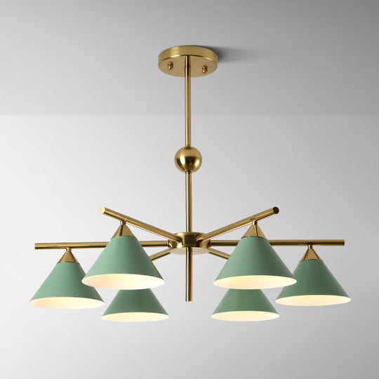 Kid Bedroom 6-Head Macaron Candy Colored Chandelier: Metallic Pyramid Design Hanging Light