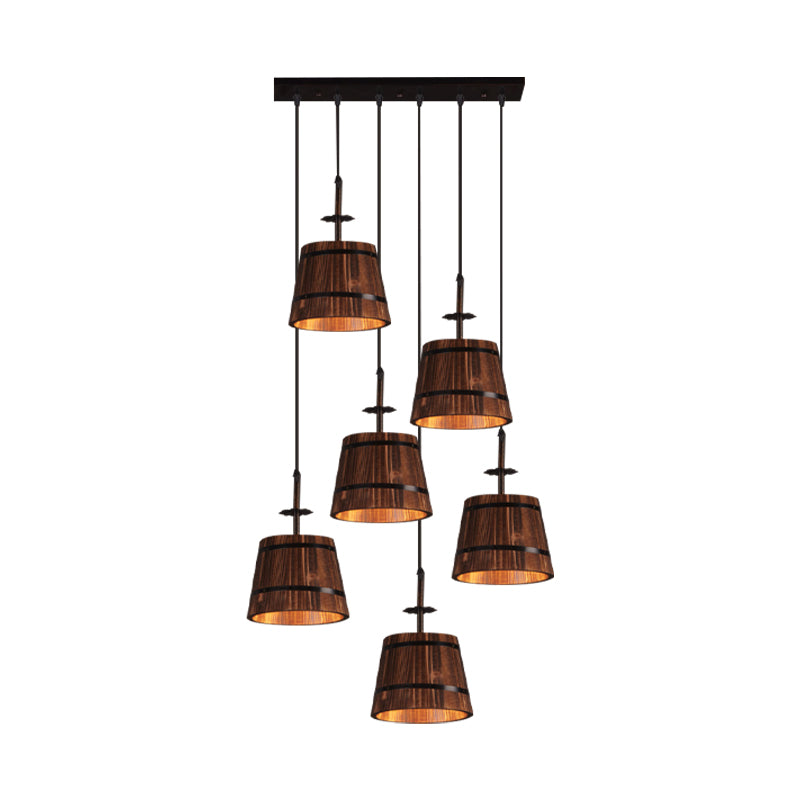 Industrial 6-Light Wooden Pendant For Coffee Shops - Tapered Brown Shades
