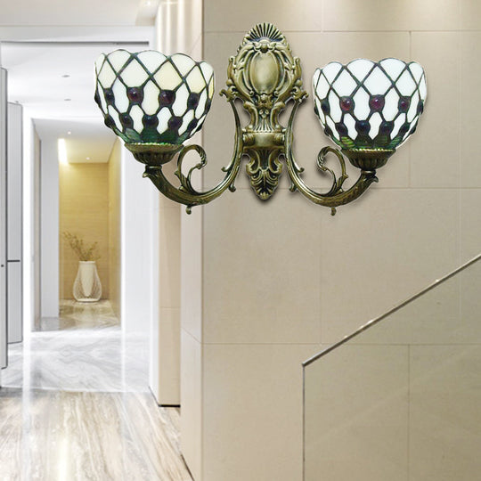 Blue/Beige Lattice Bowl Wall Sconce Tiffany Traditional Lamp For Bathroom