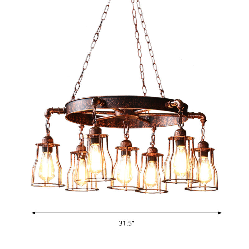 7-Light Dark Rust Pendant Chandelier With Wrought Iron Bell Cage And Wheel Design - Farmhouse