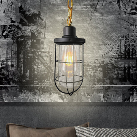 Coastal Black Caged Pendant Lamp With Clear Glass - Single-Bulb Hanging Light Fixture For Bedroom