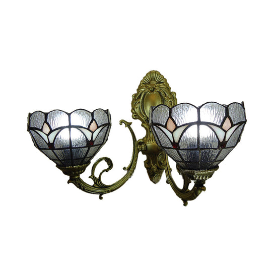 Blue/Clear Stained Glass Bowl Wall Sconce Traditional Tiffany Lighting For Study Room 2 Lights