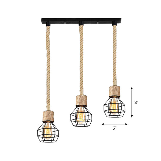 Black Metal Globe Cage Ceiling Light With Adjustable Rope - Lodge Indoor Hanging Lamp (3/5 Heads)