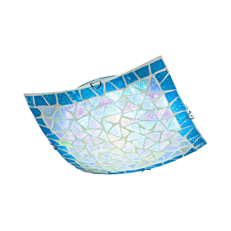 Mediterranean Stained Glass Flush Mount Ceiling Light - Blue Square 16’/12’ Width