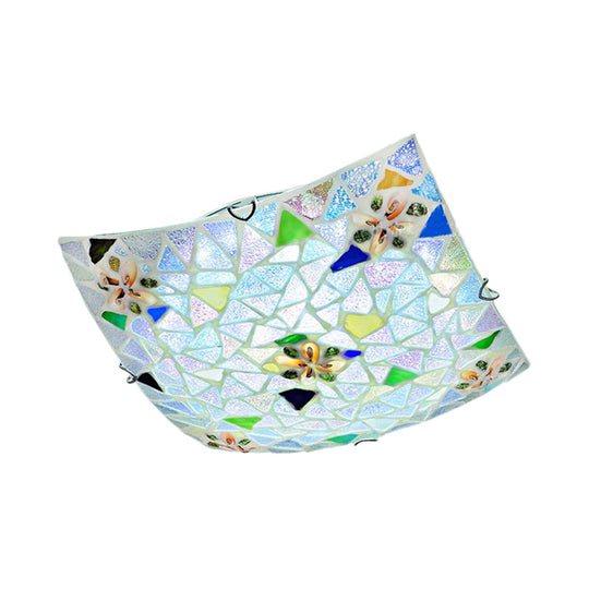 Tiffany Stained Glass Flush Light With Blue/White Convex Design - Perfect For Living Room