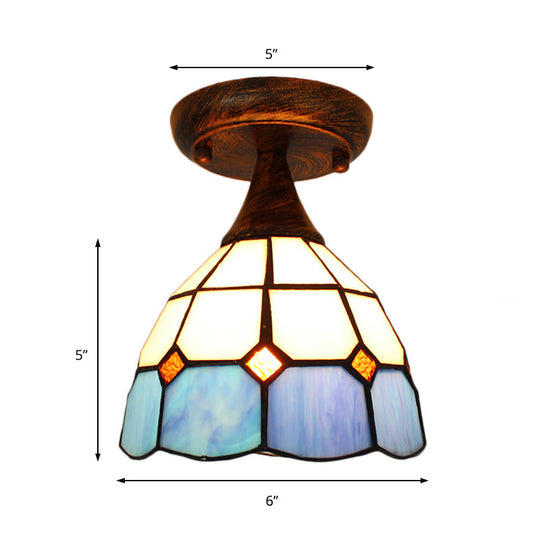 Stylish Mediterranean Ceiling Light: Mini Semi Flush Blue Stained Glass With 1 Light For Corridor