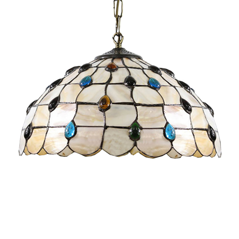 Tiffany-Style Stained Glass Bowl Pendant Lamp With Two Beige Heads And Gemstone Cabochons -
