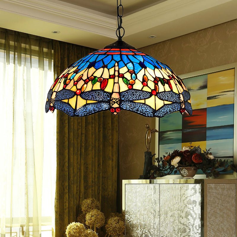 Dragonfly Pendant Light Tiffany Stained Glass Ceiling Lighting - 2 Heads Yellow-Blue Design For