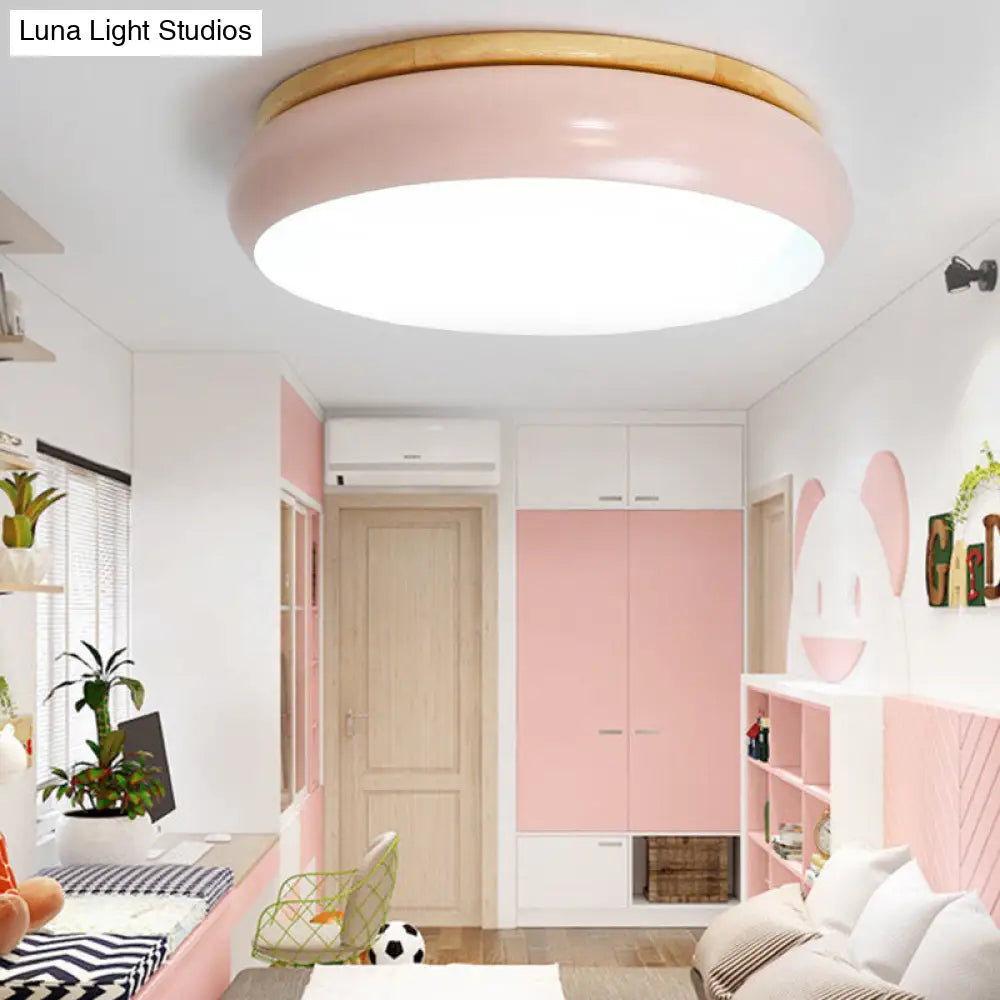 18’/21.5’ Dia Led Flush Mount Drum Lamp In Macaron Wood White/Pink/Green - White/Warm/Natural Light