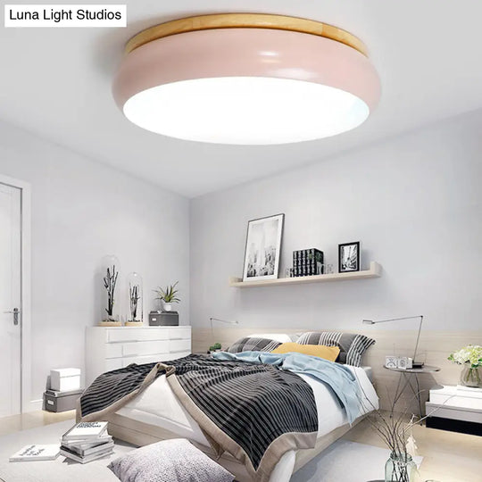 18/21.5 Dia Led Flush Mount Drum Lamp In Macaron Wood White/Pink/Green - White/Warm/Natural Light