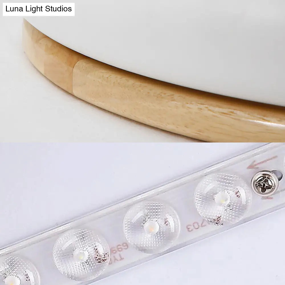 18/21.5 Dia Led Flush Mount Drum Lamp In Macaron Wood White/Pink/Green - White/Warm/Natural Light