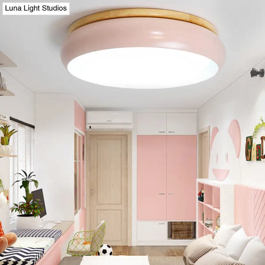 18/21.5 Dia Led Flush Mount Drum Lamp In Macaron Wood White/Pink/Green - White/Warm/Natural Light
