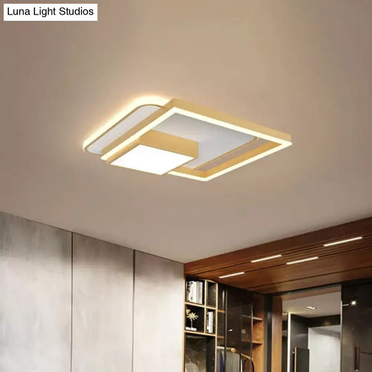 18/21.5 Inch Led Flush Mount Bedroom Light In Gold/White - Square Metal Fixture