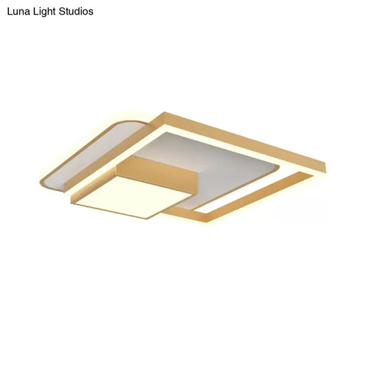 18/21.5 Inch Led Flush Mount Bedroom Light In Gold/White - Square Metal Fixture