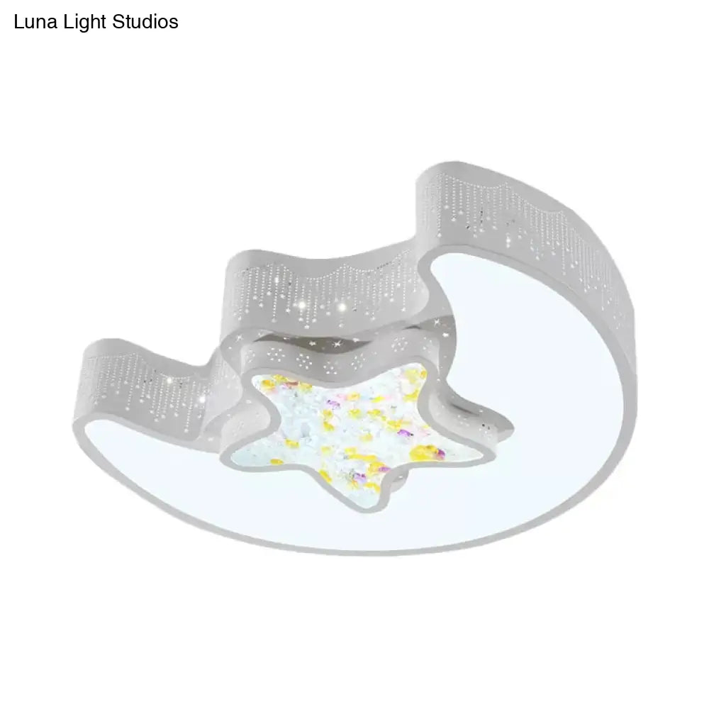 18/21.5 Star And Moon Macaron Led Flush Mount Lamp Metal Ceiling Light In White/Pink/Blue/Green